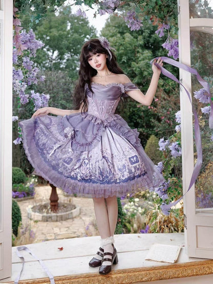 Skirt Elegant Purple and Classic Butterfly Top Waist Corset + Floral Boned Set Lolita Print