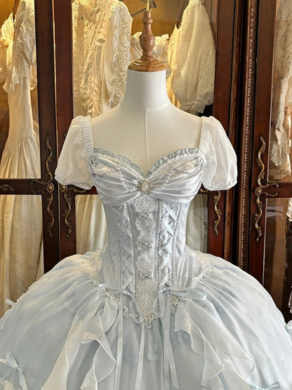 Blue Sweetheart Neckline Boning Corset Ribbon Bow OP Dress - Iris fleur