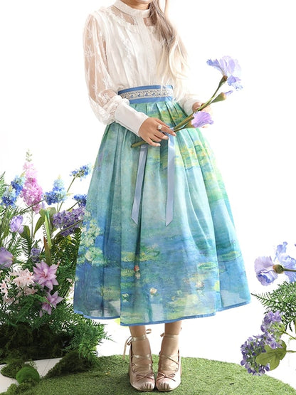 ユリの油絵プリント ブルーグリーン ハイロング/ショートとウォーターウエストスカートバージョン