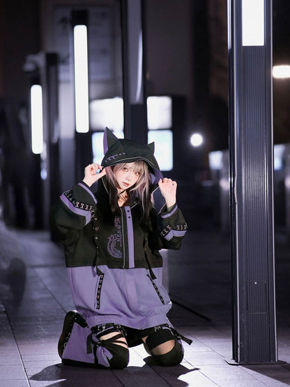 Panel Black with - Futuristic Techwear Detachable Kei Cat-Ear Purple Jirai Jacket Hood Streetwear