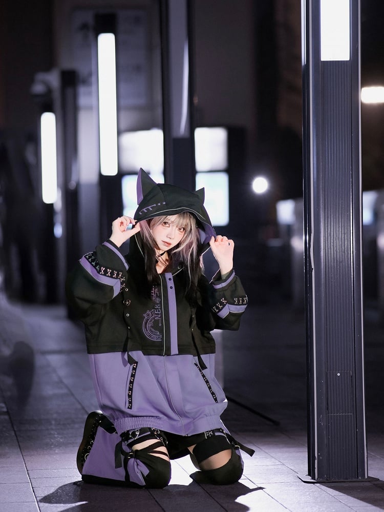Purple J-Style Set: Futuristic Detachable Cyberpunk Black Jacket and Coord