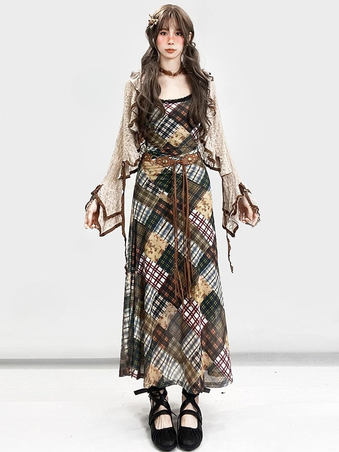 Kawaii Fashion Lace Cami Cardigan Braun kariert Bittersüß mit Millard Kleid Muster