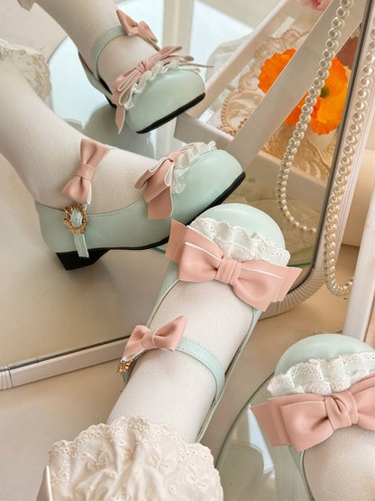 Sweet with Janes Heel Choice Round Bows Green Decor Style Pink Toe Mary Classic - Design 2cm/5cm