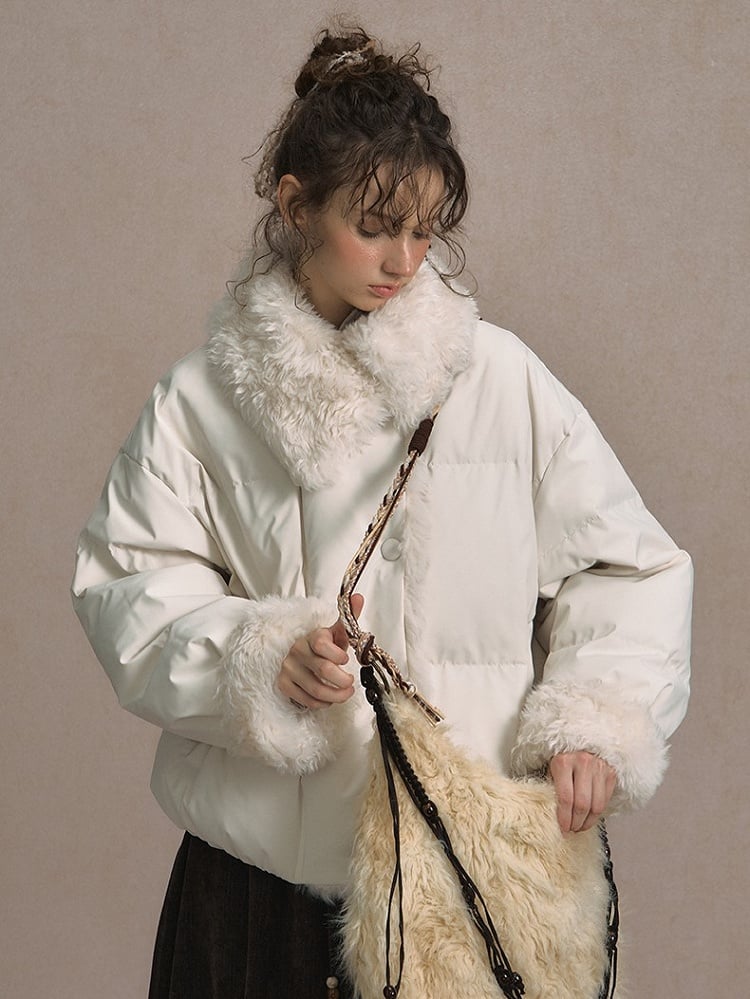 Beige/Brown Short Puffer Jacket with Faux Fur Trim and White Duck Down Filling