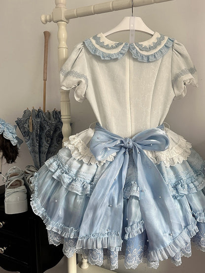 Bodice and Collar Dress Blue Peter Pan Print Embroidery Sweet White Beach Lolita Whale