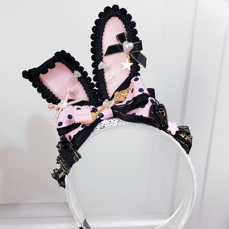 Schwarz-Pink Sweet Lolita Polka-Dot Muster Schleife Hasenohren KC