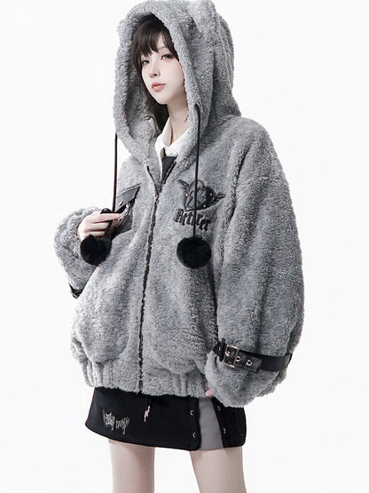 Hooded Pompon Ear Charm Jacket - Grey Plush Kitty
