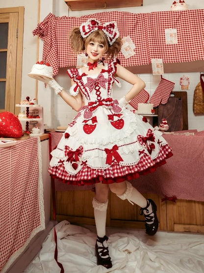 with Flutter White Sweet Gingham Details Dress Lolita Bow Sleeves Red