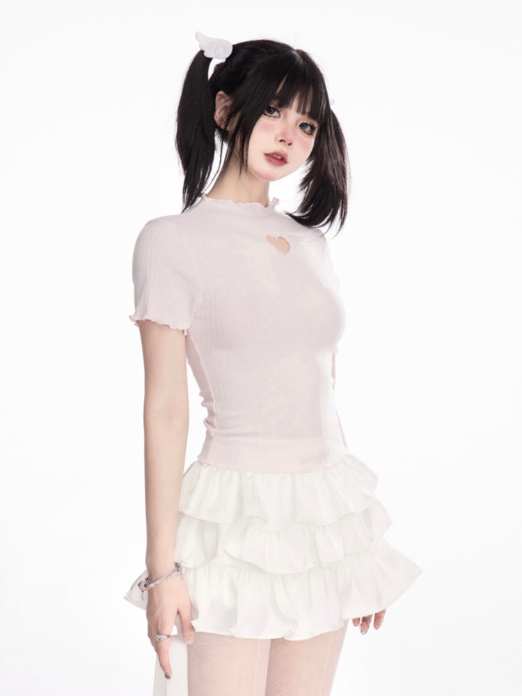 Heart-shaped Cutout Lettuce Hem T-Shirt Pink Mock Neck