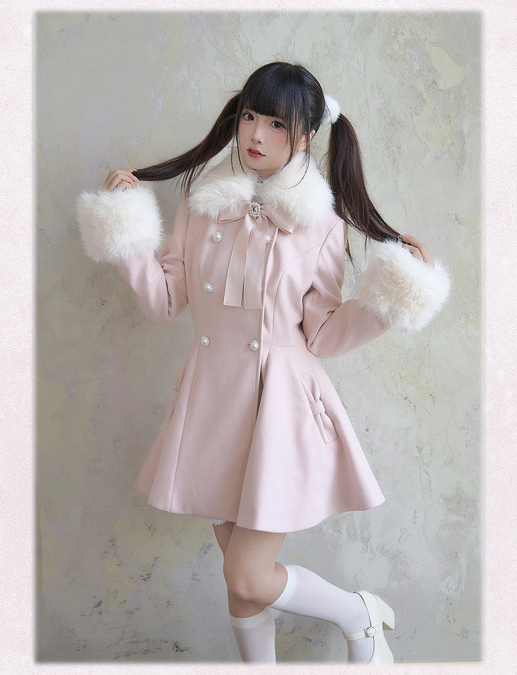 Rosa Mantel Abnehmbare Jirai Kei Große Schleife Flauschigen Kragen und Manschetten Breasted mit Strass Doppel