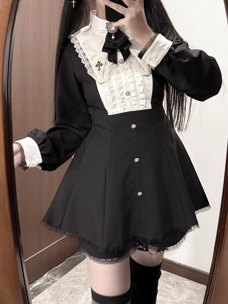 Bow Shorts Set - Cross Embroidered Pointed Flat Collar Dress + Three-piece Jirai Kei Black + Tie