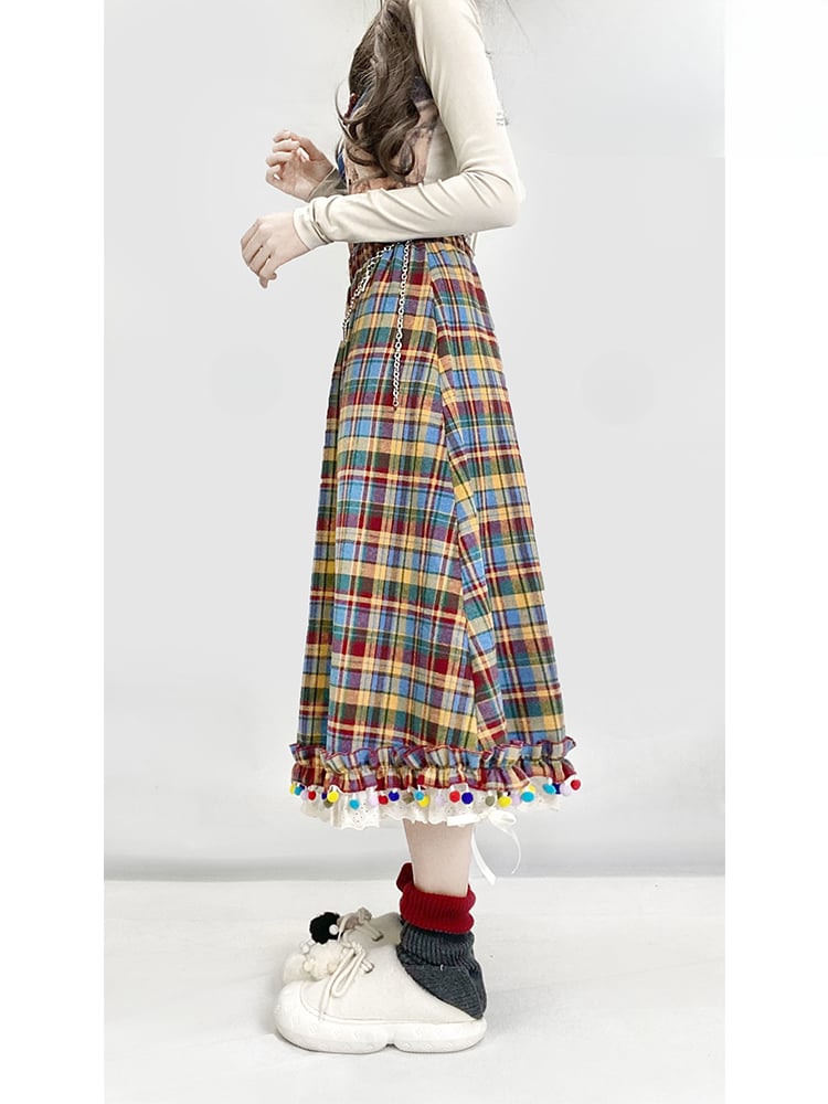 レインボーチェック柄ポンポン裾ミディ丈ヴィンテージスカート