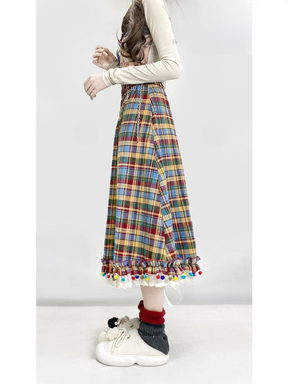 レインボーチェック柄ポンポン裾ミディ丈ヴィンテージスカート