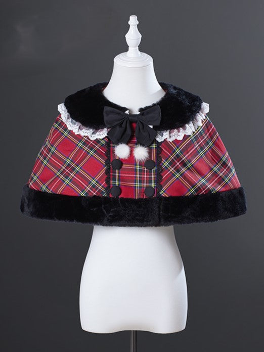 Christmas Red Plaid Cape with Plush Peter Pan Collar and Bow Accent