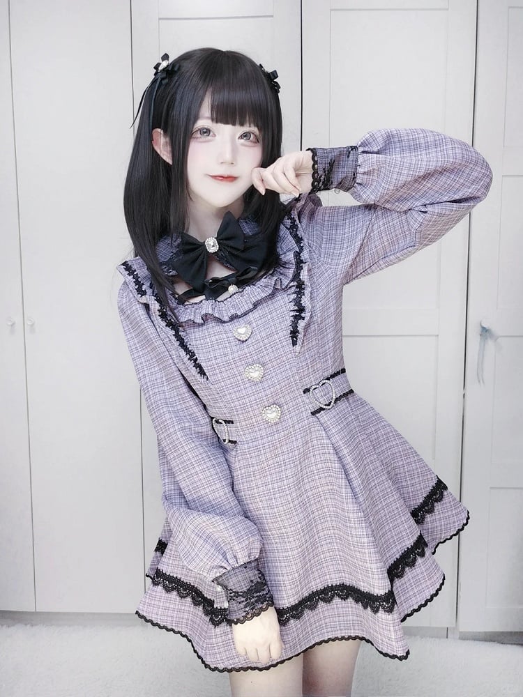 Style Lavender Set Dress Collar - Landmine Plaid Matching Puff Sleeve with Shorts Detachable Tweed