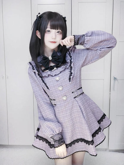 Style Lavender Set Dress Collar - Landmine Plaid Matching Puff Sleeve with Shorts Detachable Tweed