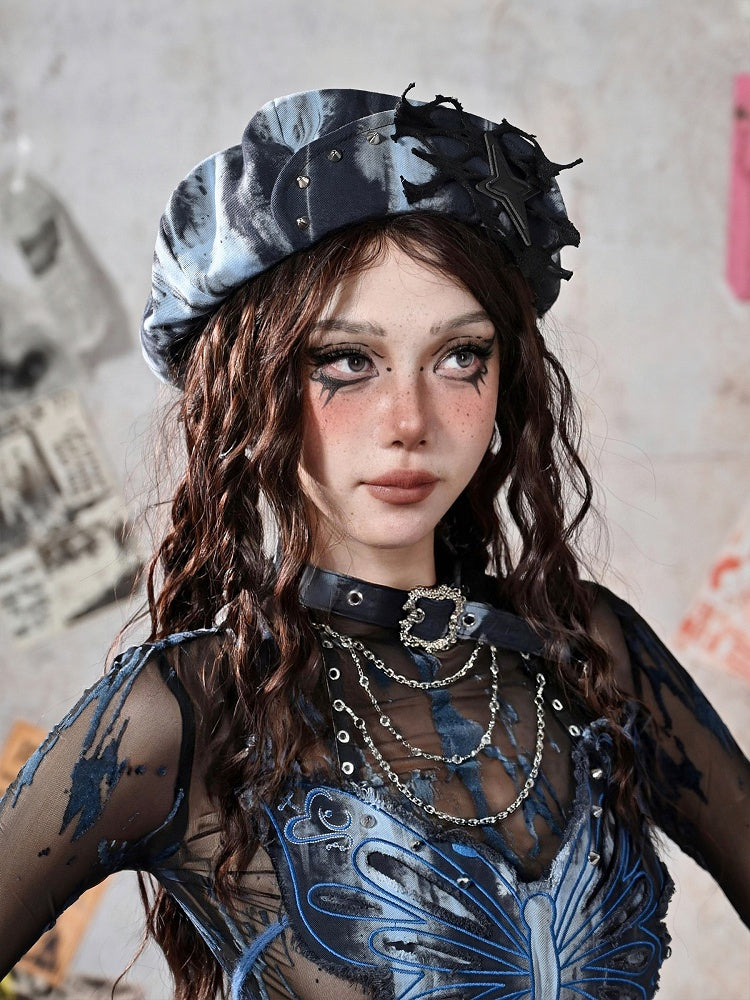 Grunge Punk Rock Star Nieten Blau und Schwarz Tie Dye Baskenmütze