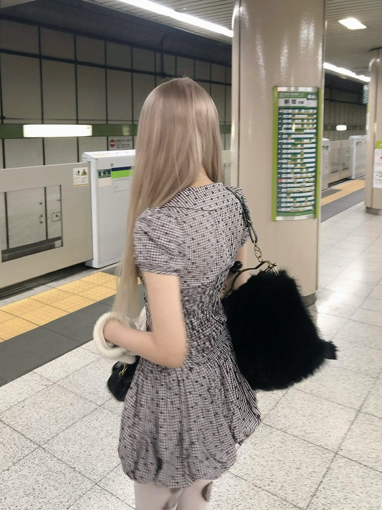 Skirt Floral Pattern with Plaid Bubble Waistband Collar Stand