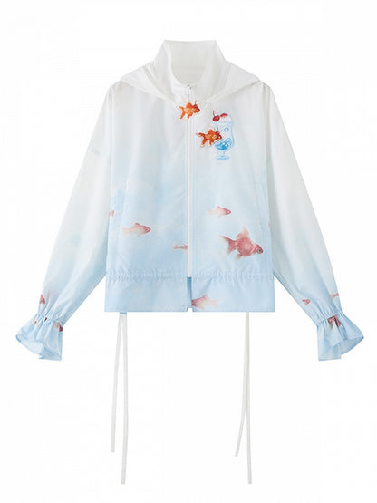 Goldfish Print Hooded Jacket and Wide Leg Pants Set - Zao Jing Ji