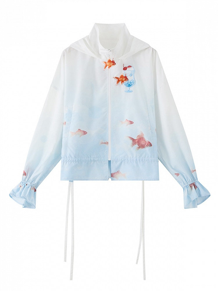 Goldfish Zipper Embroidery Hooded Sun Protection Jacket - Zao Jing Ji