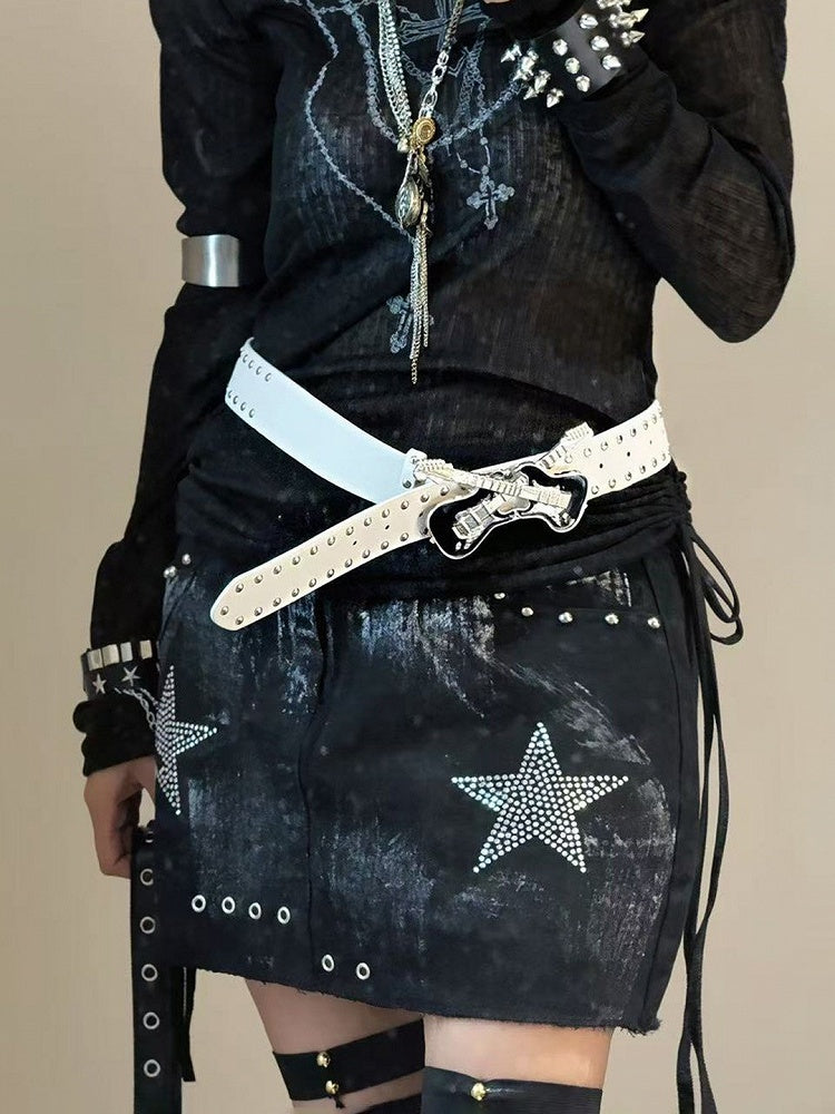 White/Black Leather Guitar Belt