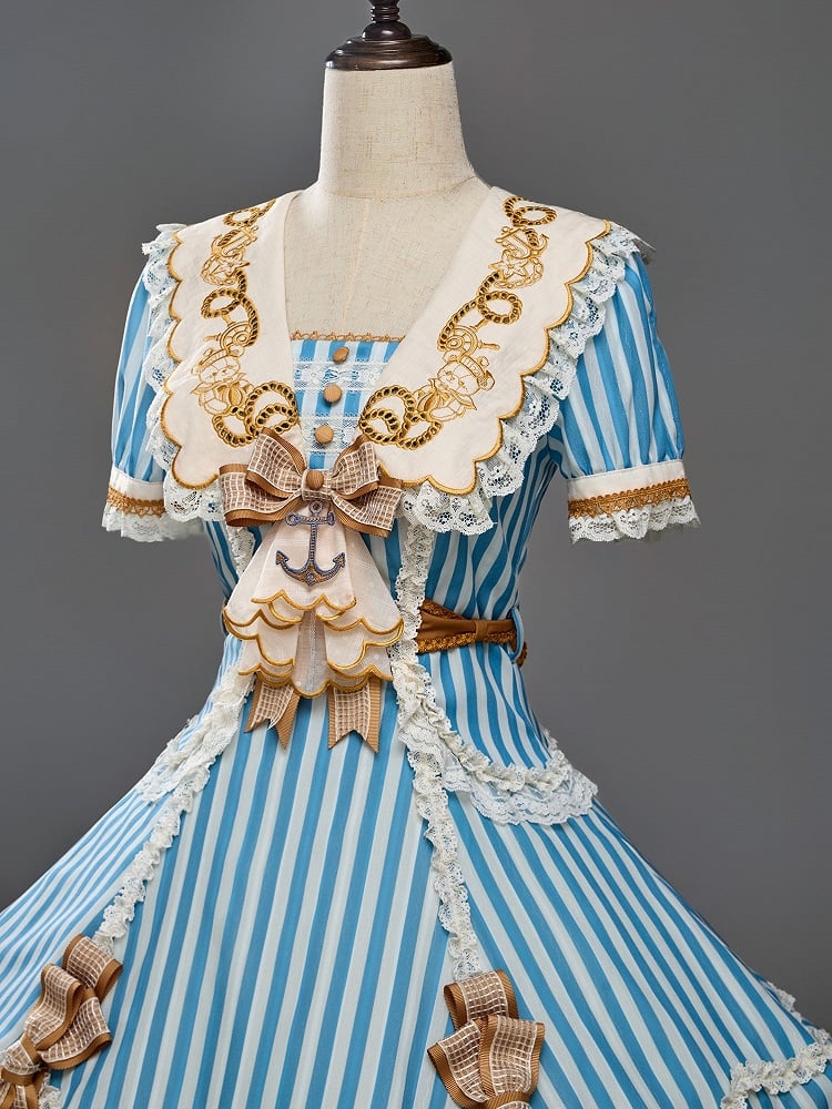Sailor Bear Theme Striped Dress with Bow Embroidery - Twin Bear Original Design