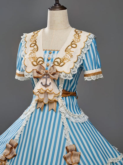 Sailor Bear Theme Striped Dress with Bow Embroidery - Twin Bear Original Design
