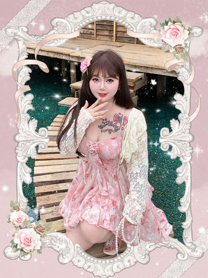 Rock High-Low-Rosettendruck Camisole Rosa Rüschen Übergröße Baskentaille Kaskadenkleid