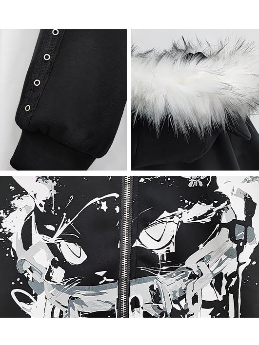 Punk Anime Cat Schwarz Dicker Kapuzenpullover mit Reißverschluss