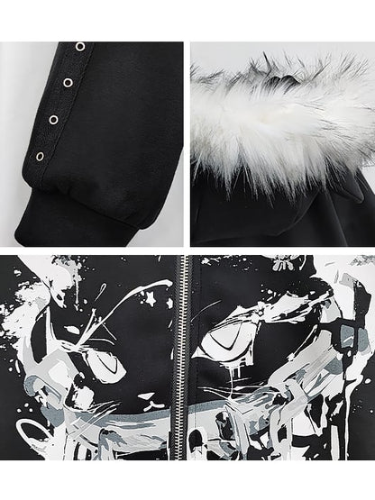 Punk Anime Cat Schwarz Dicker Kapuzenpullover mit Reißverschluss