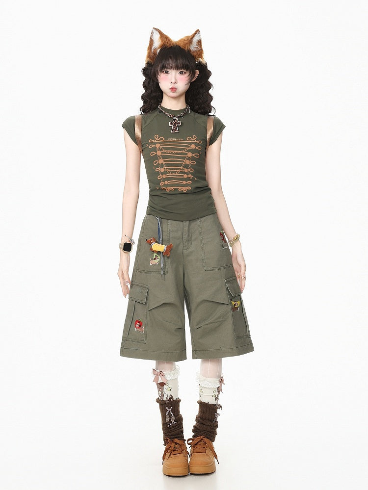 Green Cropped Cargo Shorts with Puppy Embroidery - Languid Park