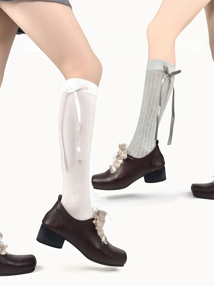 Calf Bowknot Ribbon Pattern Colors 3 Striped Socks Vertical
