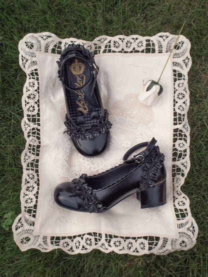 Mary Jane Round Toe Lolita Shoes with Bow and Ruffle in Black - EvilStar