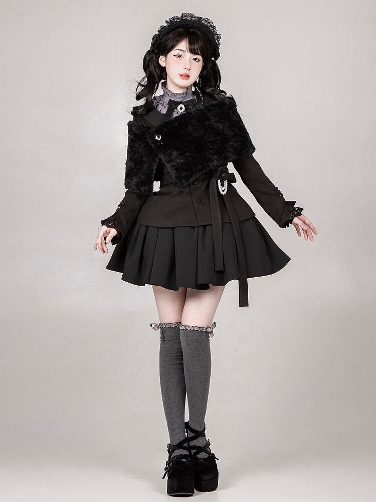 Black Juliette Sleeves Rounded Flat Collar Coat + Shawl + Brooch