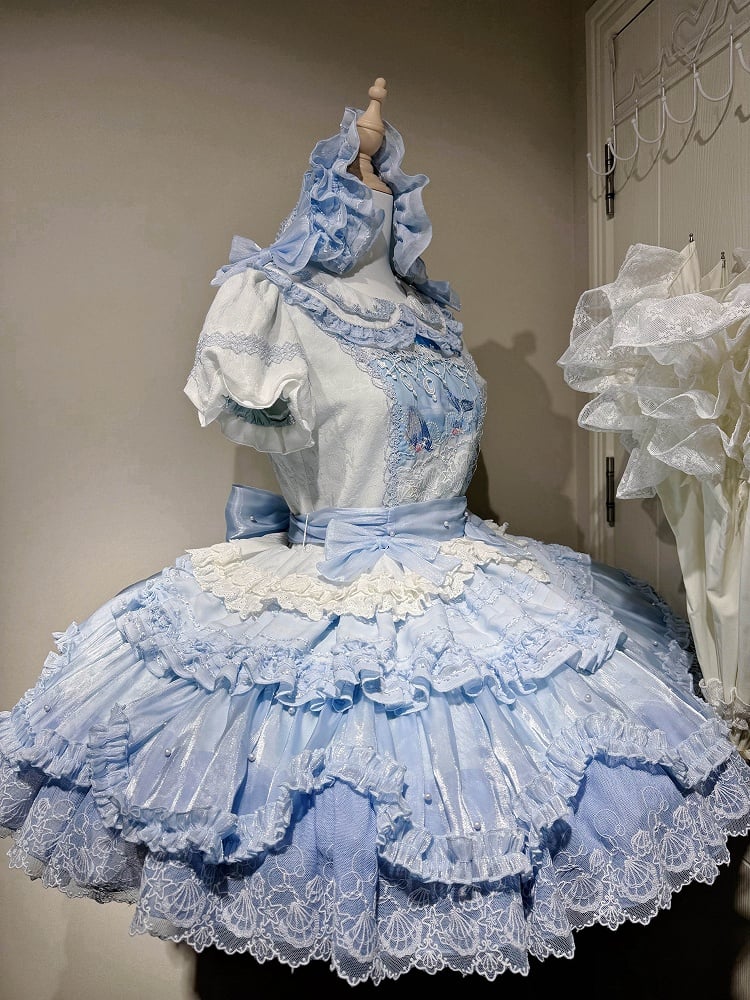 Mieder und Kragen Kleid Blau Peter Pan Print Stickerei Süß Weiß Strand Lolita Wal