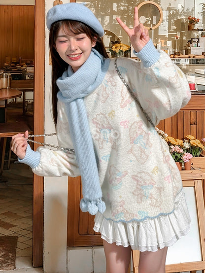 スカラップエッジトリムのベージュのキュートなラム柄セーター