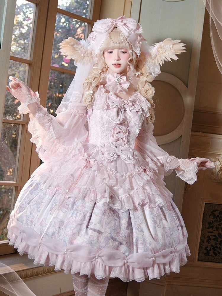 with Dress Hem Sleeves Bell Bear Lolita Angel Ribbon Pink Print Sweet