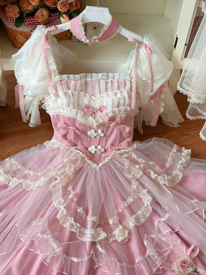 Rosa Blumenfee Basken-Taille Bowknots Dekoration Hanayome Lolita OP / Komplettset