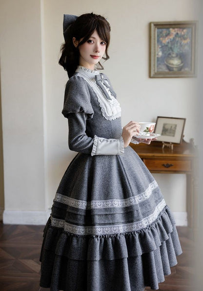 Dress Long Juliette Version Gray Lolita Sleeves with Flounce Details Elegant Ruffle
