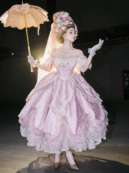 Version Details Ruffles Hanayome Pink Short with and Layered Hime Gown Bow Lace Lolita Off-Shoulder