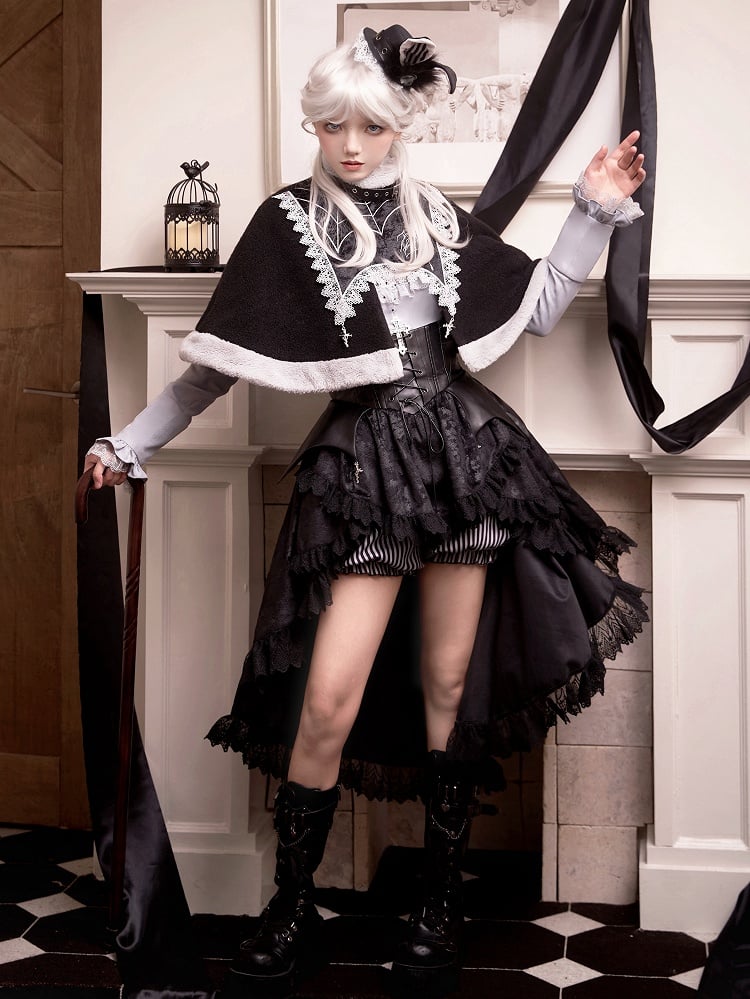 Cross Charms Spider Web Plush Neckline Cape