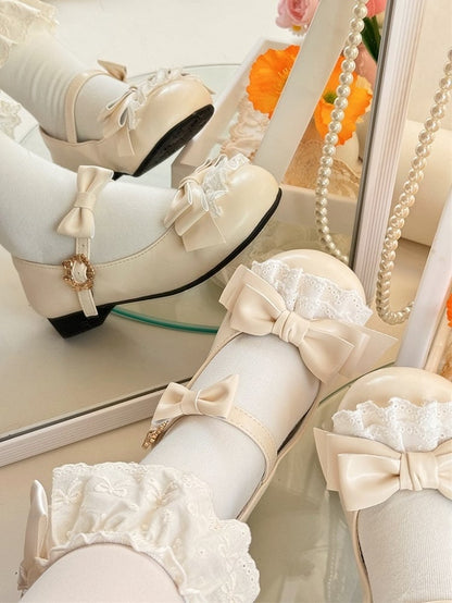 Lolita Low/Mid Heels Beige Lace with Sweet Bow Accents Trim