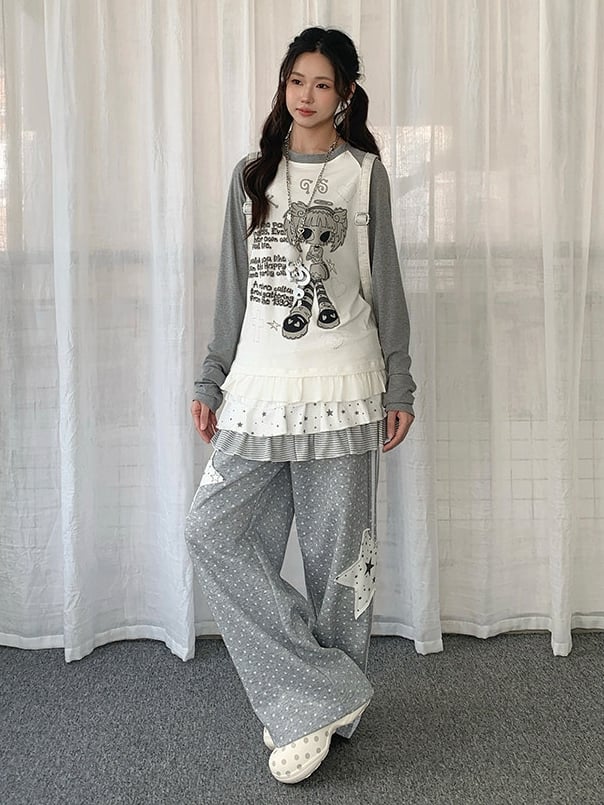 White Raglan Sleeve Cartoon with Top Hem Print Girl Flounce