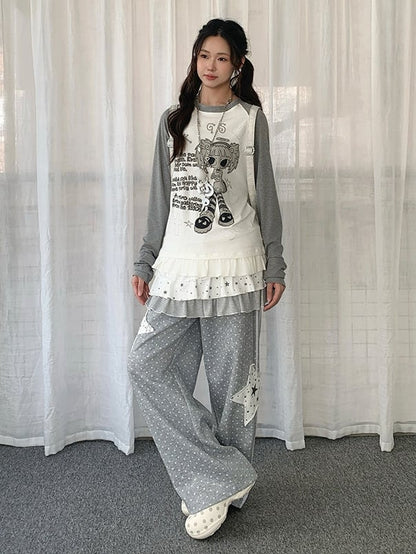 White Raglan Sleeve Cartoon with Top Hem Print Girl Flounce