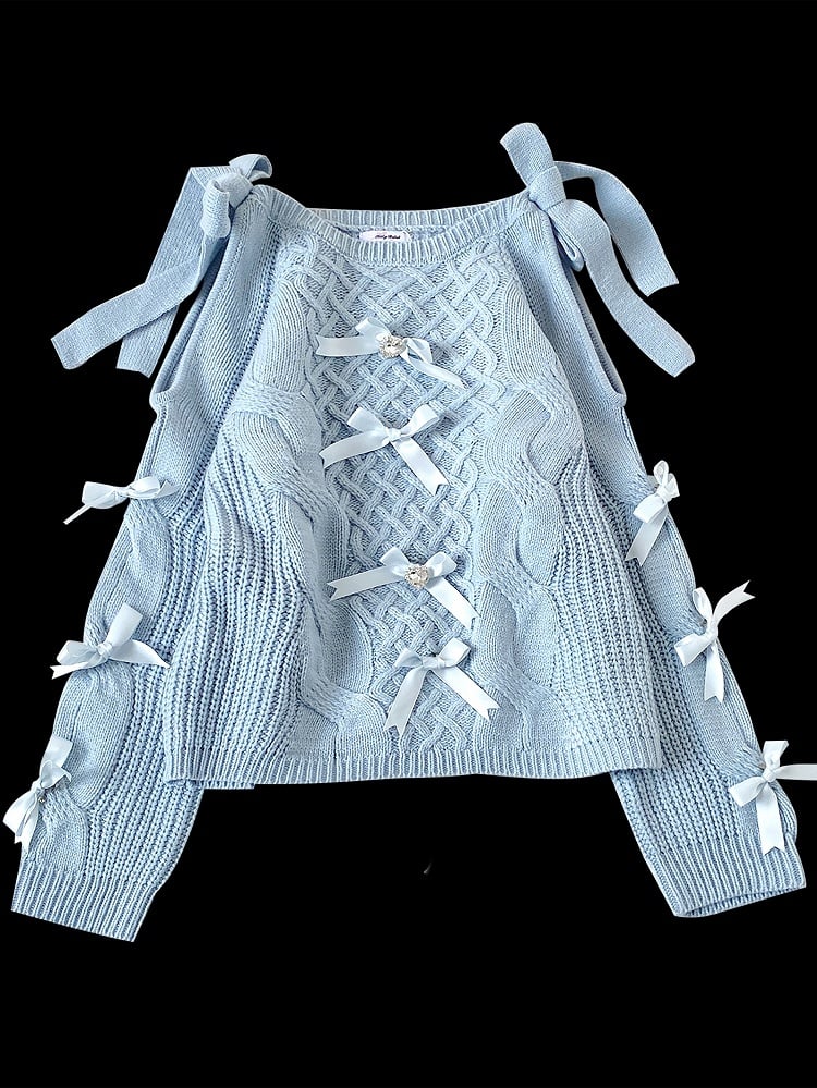 Blue Bow Accents Cutout Shoulder Landmine Style Sweater