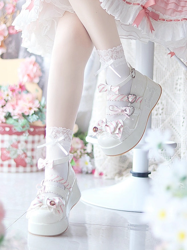 Top Mary Janes with White Lace Lolita Sweet Clasp Platform Bow Accent - Trim Button Heart