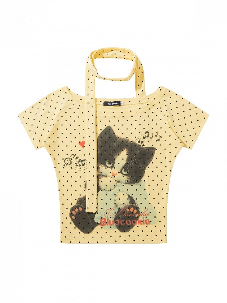 Yellow Kitten Polka Dot Tee with Scarf - Languid Park