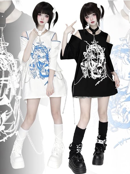 Chain Anime with Convertible Blue T-Shirt Shoulder Detachable Zip Black Choker Print White /