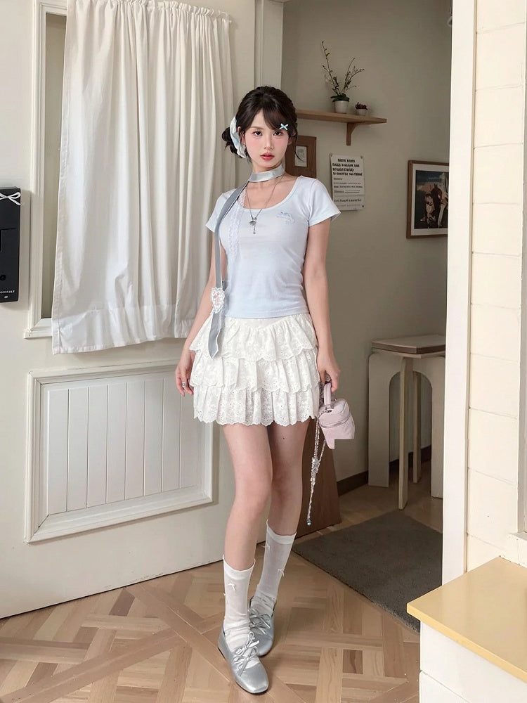 Dolphin-shaped Cutout Back Blue Scoop Neckline T-shirt