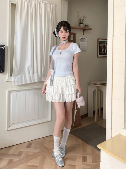 Blue Scoop Neckline T-shirt Dolphin-shaped Cutout Back